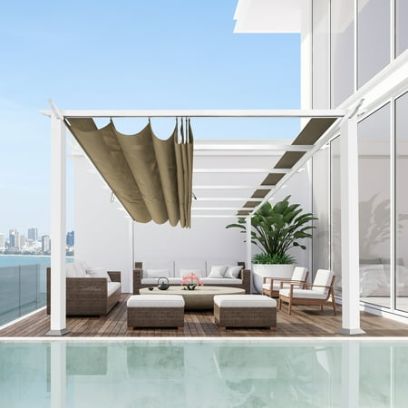 Paragon Outdoor 11' x 11' Florence Aluminum Pergola in White with Adjustable Sand Color Canopy