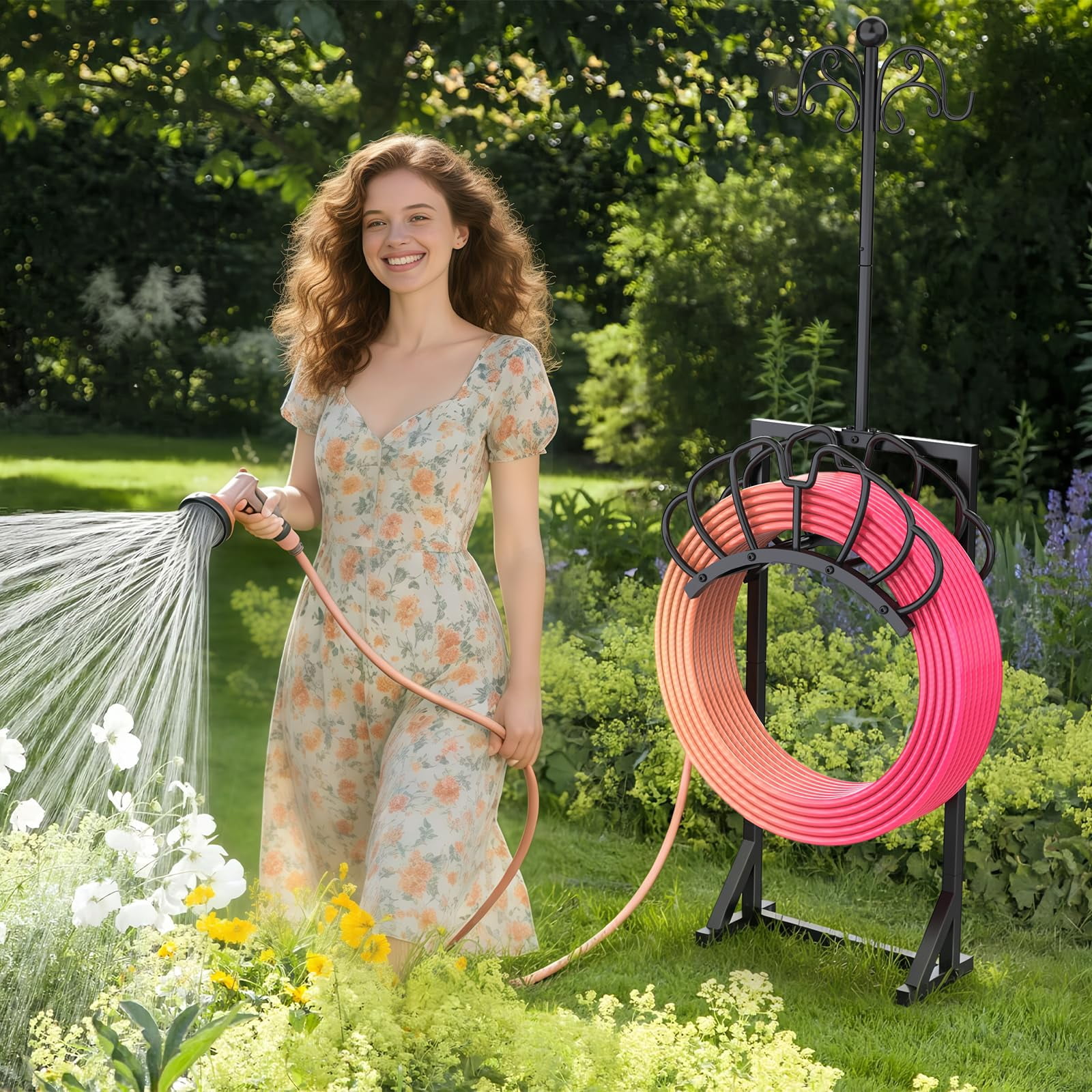 Garden Hose Holder for Outside, Garden Hose Reel with 2 Shepherds Hooks, Heavy Duty Freestanding Water Pipe Stand, Black