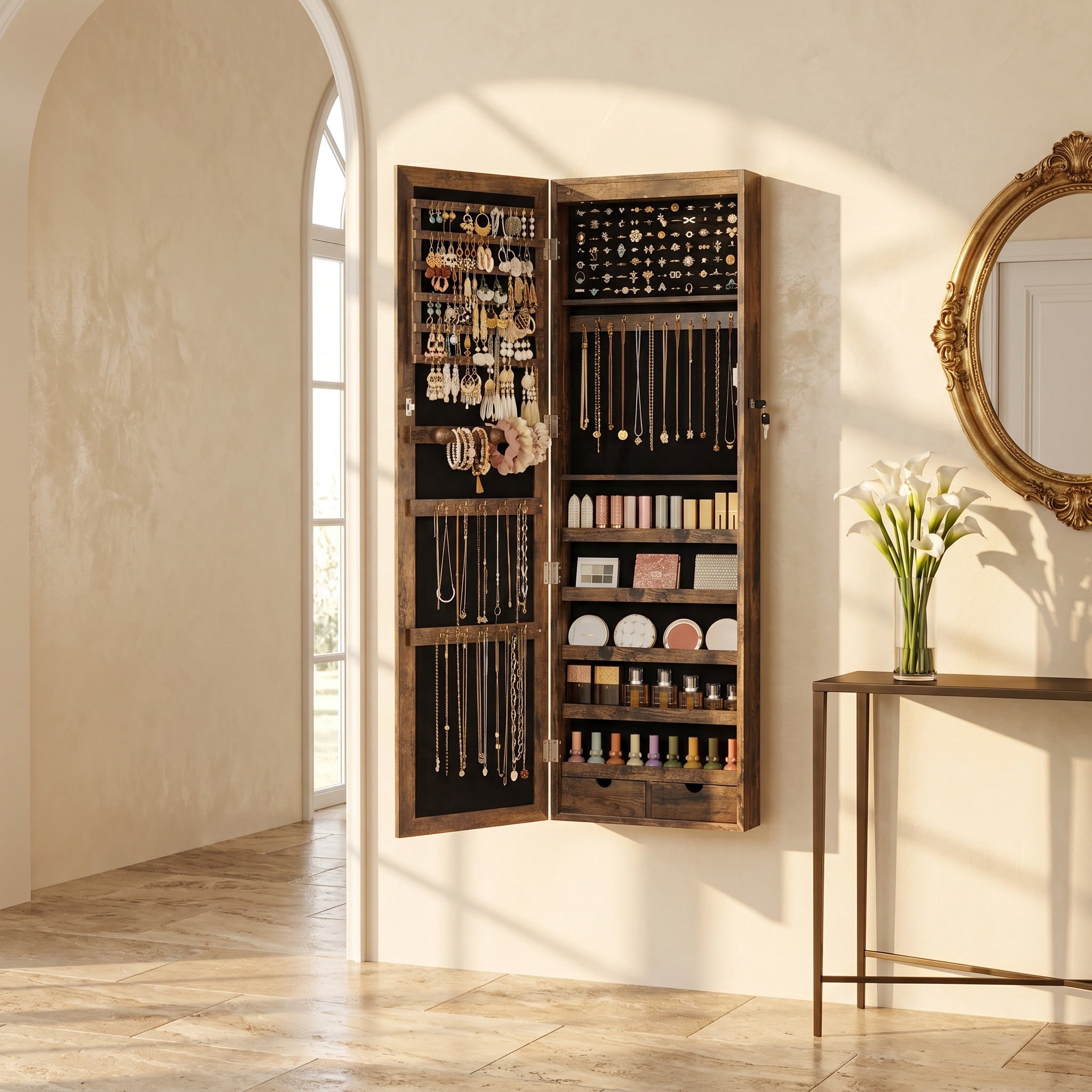 47 in. H x 14.6 in. W Rustic Brown Wall or Door Mounted Jewelry Cabinet with Full-Length Mirror, 6 LEDs and Lockable Door