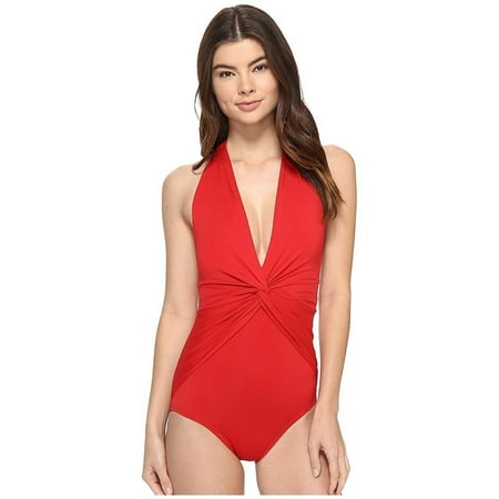 - New Michael Kors Women's Villa Del Mar Deep V-Twist Halter One-Piece Red, 10, 9720-2