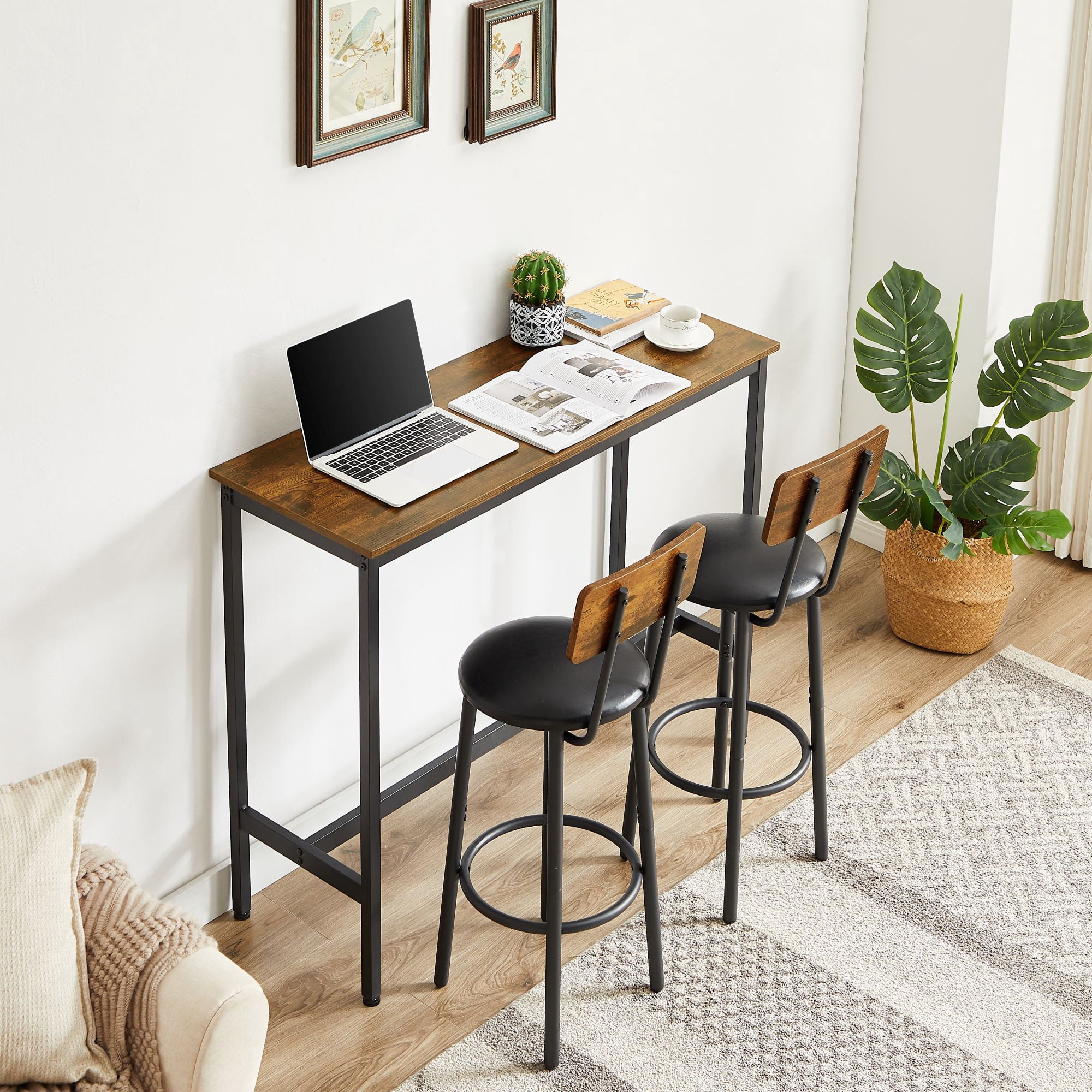 AUKFA 3-Piece Bar Table Set, Pub Dining Table & PU Upholstered Stools with Backrest for Kitchen Small Space, Rustic Brown
