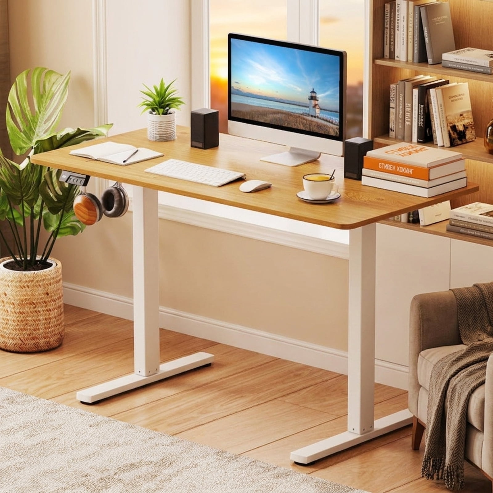 Furnibear Electric Standing Desk Frame Height Adjustable Computer Desk Base with LED Display, White