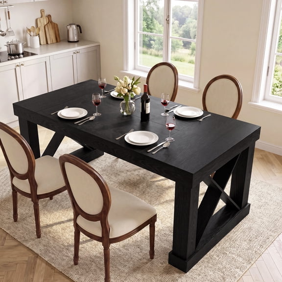 Finmind Farmhouse 63 inch Dining Table for 4 People, Rectangular Wooden Kitchen Table with Heavy Legs for Kitchen, Dining Room, Black
