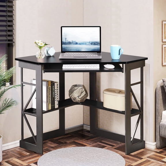VECELO Corner Computer Desk with Keyboard Tray and Storage Shelf, Student Study Writting Table Workstation for College Dorm Apartment Home Office, Black (90 Degrees)
