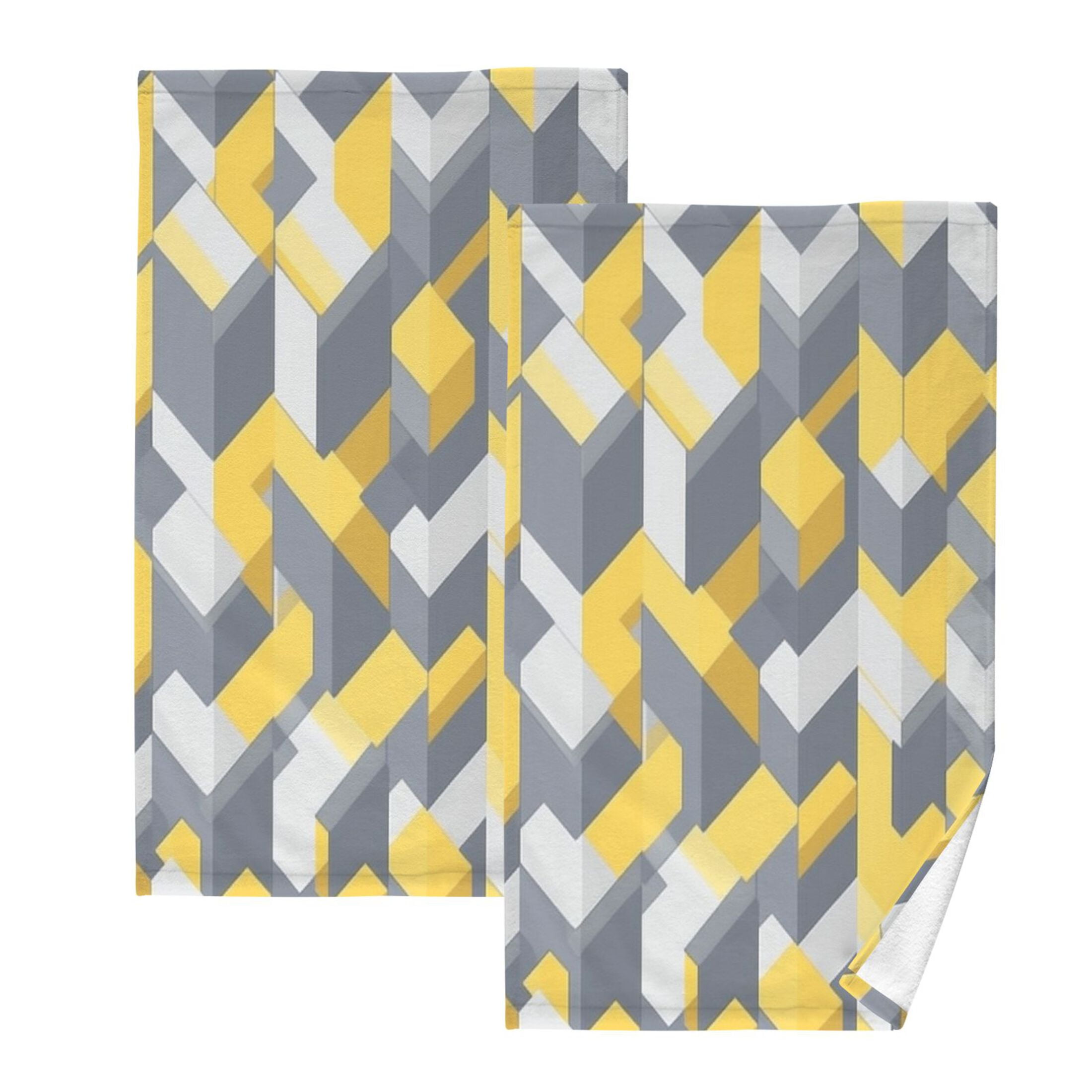 2 Pcs Absorbent Face Towel Bath Hand Towels Soft Breathable Cotton Towel Set for Bathroom Kitchen Hotel Spa Decor Yellow and Grey Cubes