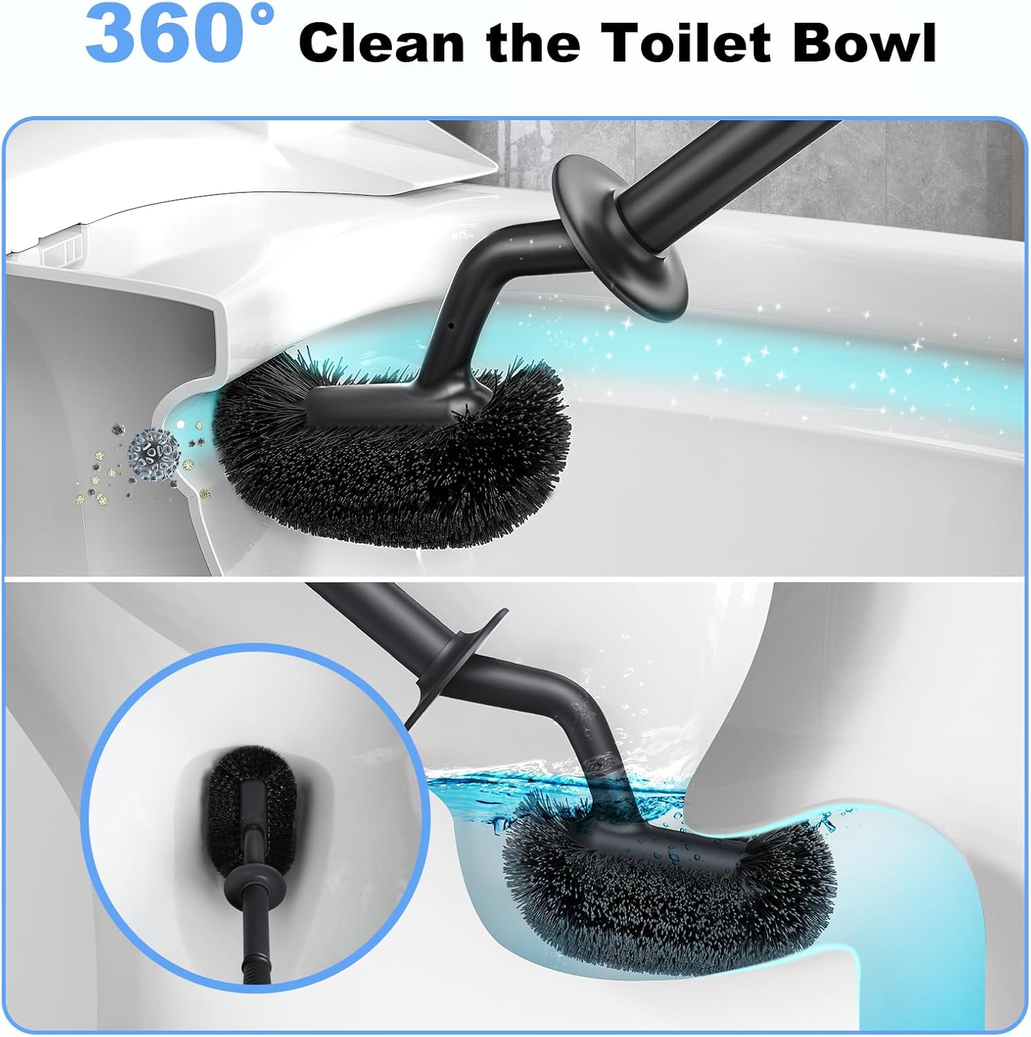 Toilet Bowl Brush Holder Set: Curved Design with Holder for Deep Cleaning Under Rim - Compact Hidden Scrubber for Small Space - Modern RV Bathroom Accessories - Black