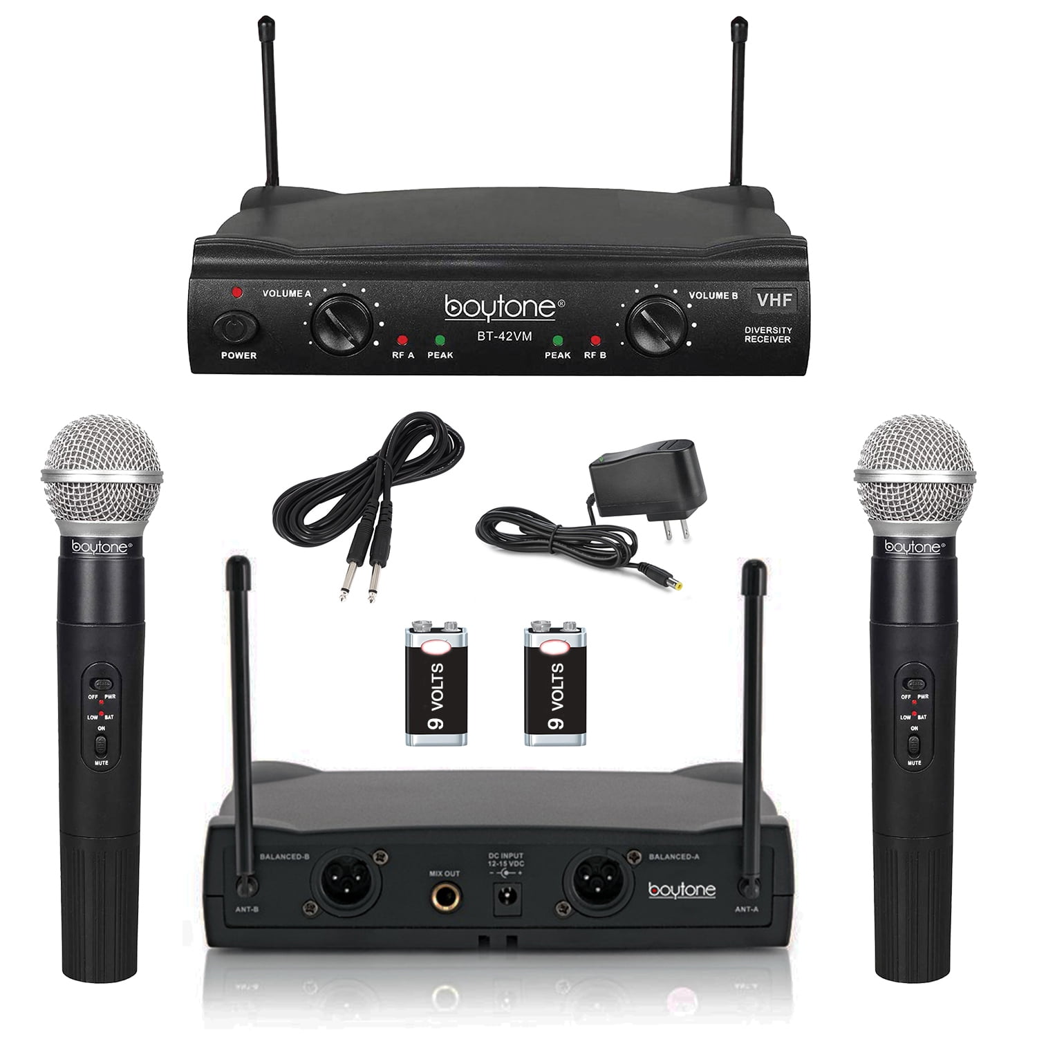 Boytone BT-42VM Dual Channel Wireless Microphone System - VHF Fixed Dual Frequency Wireless Mic Receiver, 2 Handheld Dynamic Transmitter Mics, for Karaoke, DJ, Church, Conference, Carrying Cases