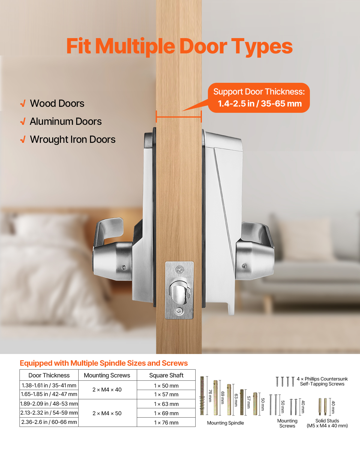 KFFKFF Non-Electronic Secure Entry Door Lock, 14-Key Mechanical Lockset with Key Option, Manual Keyless Door Lock with Handle, Durable Stainless Steel Weather-Resistant Lock for Home Office