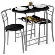 Best Choice Products 3-Piece Wood Dining Room Round Table, and Chairs Set with Steel Frame, Built-In Wine Rack - Black/Silver