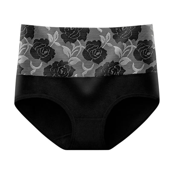 HKYNLAG Women's Briefs Underwear Cotton High Waist Tummy Control Panties Rose Jacquard Ladies Panty Black M