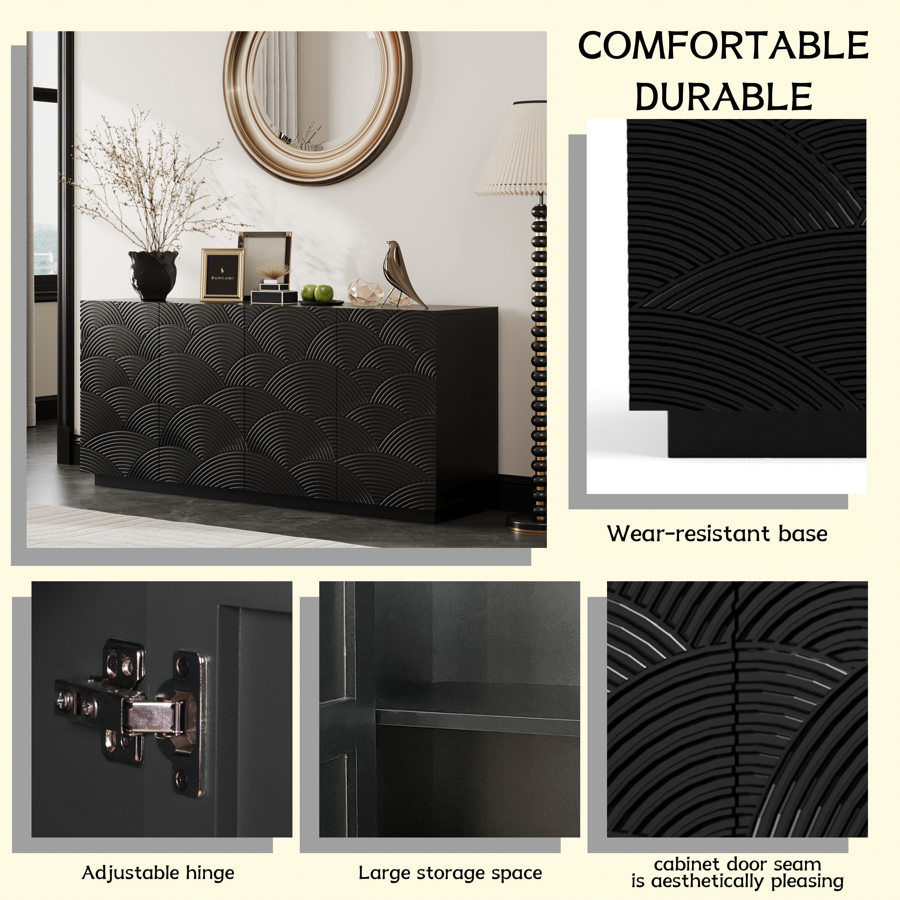 Aukfa Modern Water Ripple Sideboard Cabinet,Coffee Bar TV Console for Dining Room/Kitchen/Living Room,Black