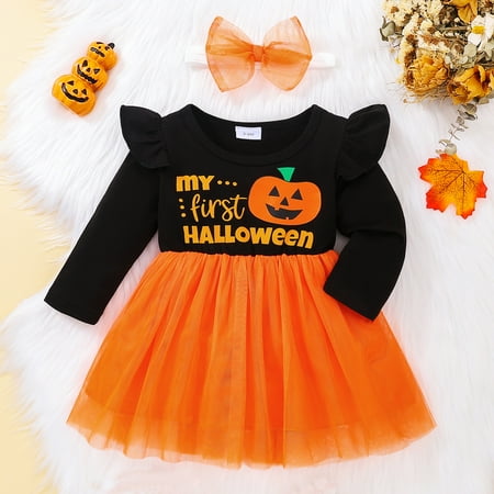 

BTJX Toddler Girls Long Sleeve Dresses Kids Cartoon Letter Prints Tulle Princess Dress Headbands Set