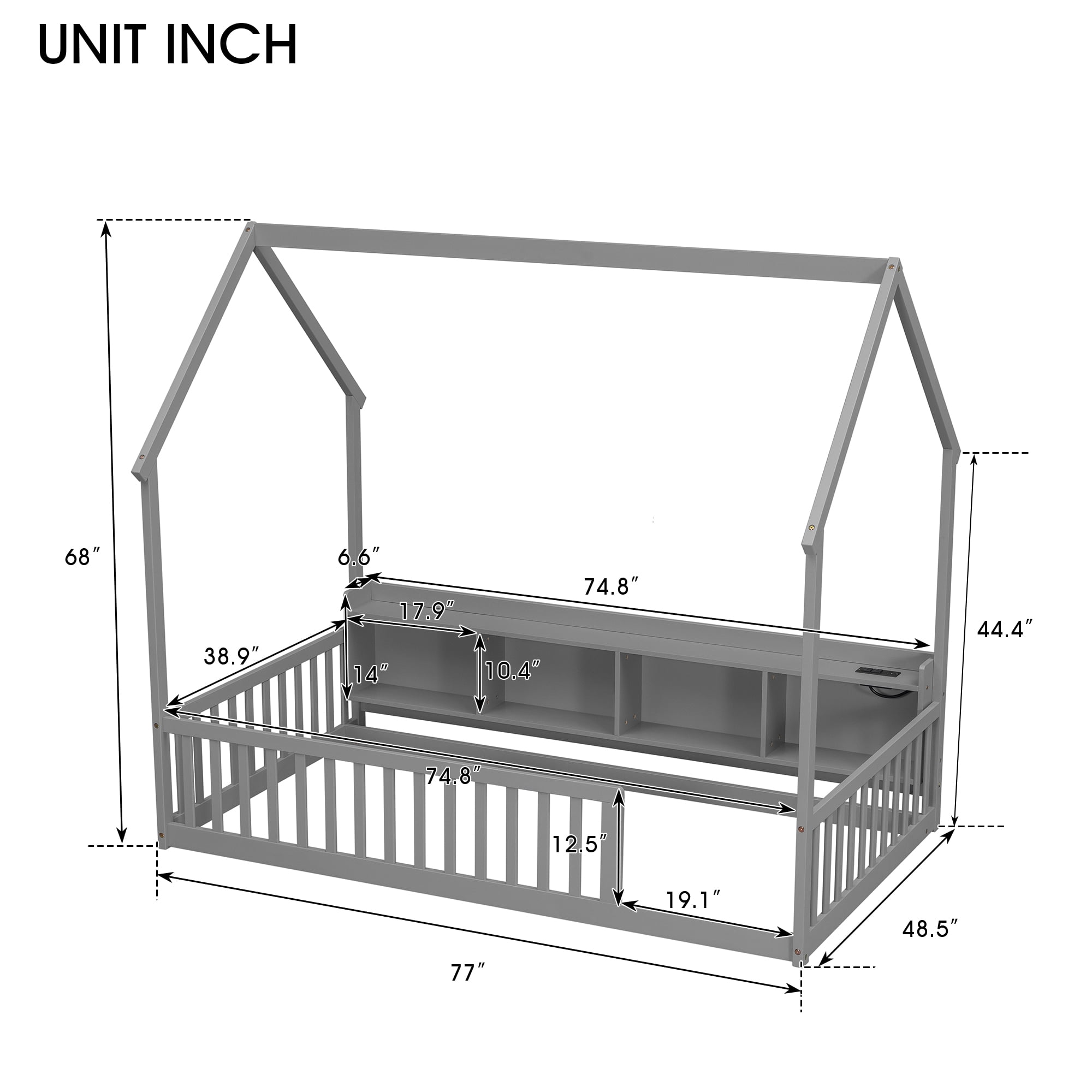 Floor Bed with House Design and Storage Shelves, Twin Pine Wood Platform Bed and Charging Station Bed Frame with LED Lights and Guardrails, Gray