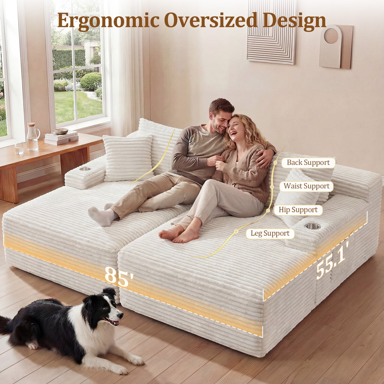 IPKIG 85" Oversized Double Chaise Sofa Bed, Corduroy Upholstered Boneless Cloud Sleeper Loveseat with No Assembly Required in Beige