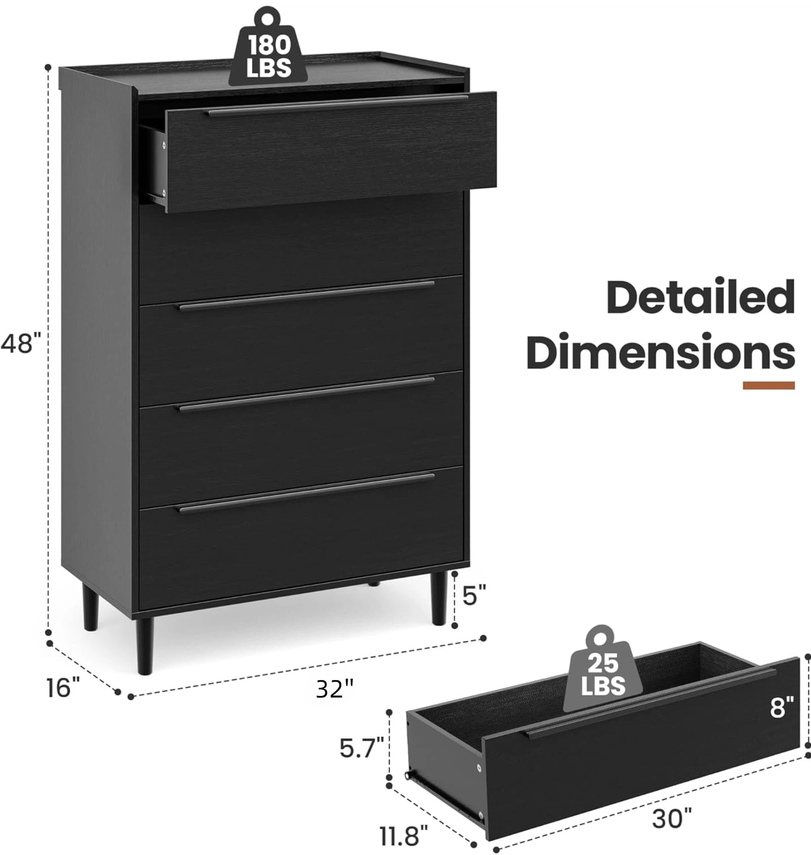 Modern Tall Black 5-Drawer Dresser, 48" Height Storage Cabinet with Metal Handles for Bedroom, Hallway or Living Room