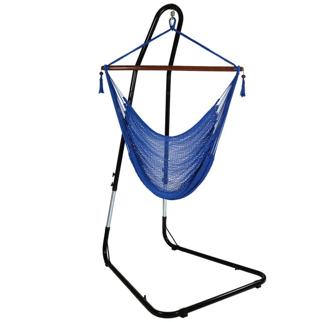 Sunnydaze Caribbean Style Extra Large Hanging Rope Hammock Chair Swing with Adjustable Stand - 300 lb Weight Capacity - Blue