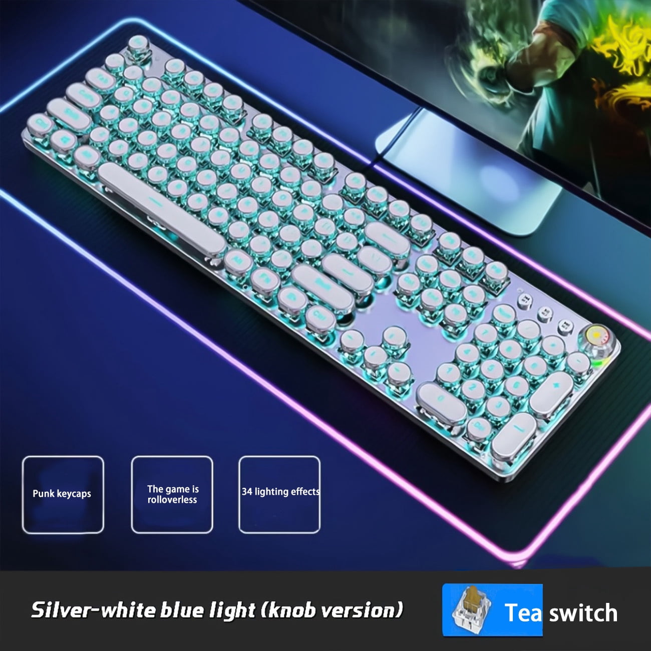 Hnjugfe Mechanical Gaming Keyboard with 4-Color Mouse Light & Tea Switch, Multi-Functional Volume Knobs