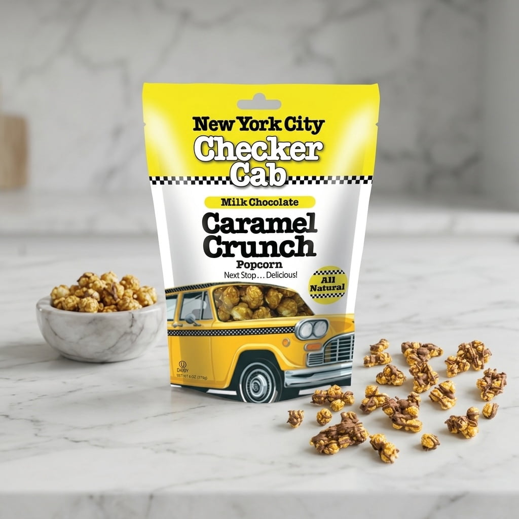 Sugar Plum Chocolates NYC Checker Cab Popcorn Gourmet Milk Chocolate Caramel Crunch 3 Bags 18 oz Total