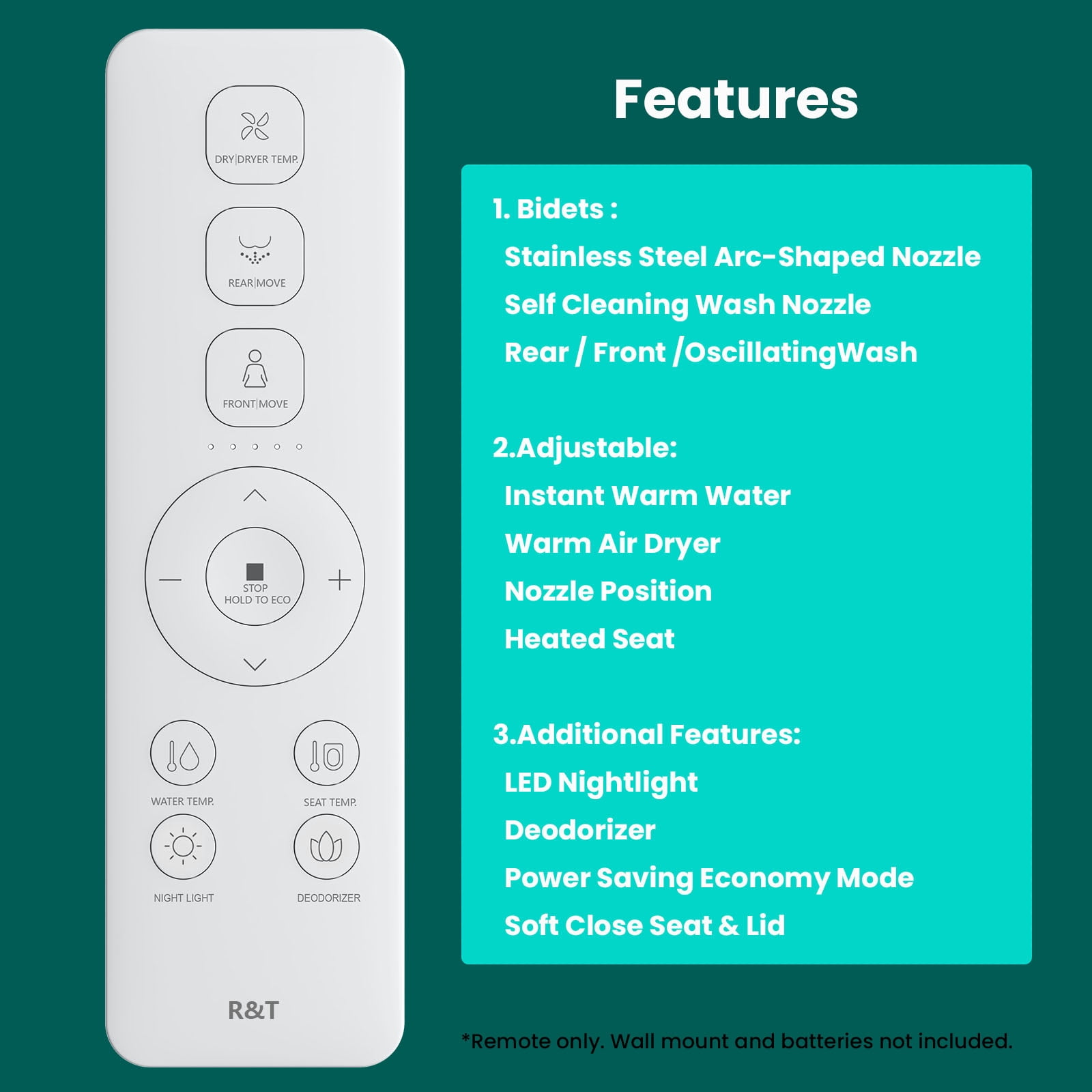 R&T V3200 Elongated Bidet Toilet Seat, Electric Bidet Seat with Adjustable Warm Water, Air Dryer, Heated Seat, Night Light, Deodorization