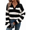 thumbnail image 2 of Women'S Sweater Loose Long-Sleeved Lapel Knitted Top Sweater Striped Contrast Color Pullover Black M, 2 of 9