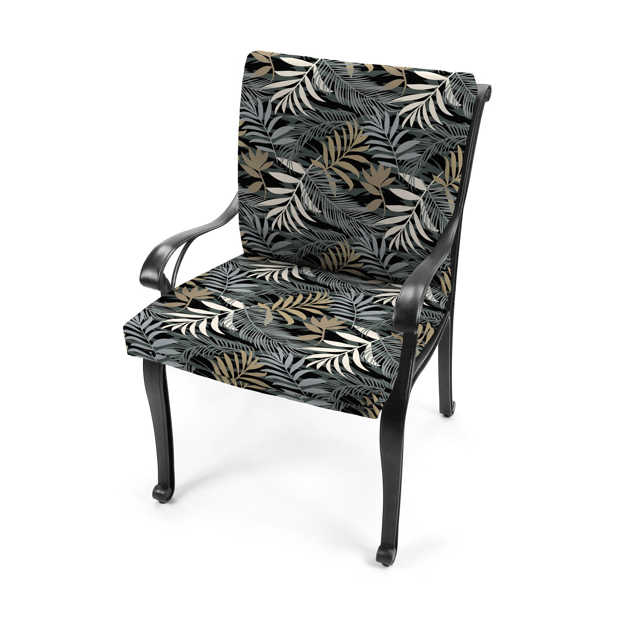 Jordan Manufacturing 44" x 21" Maryland Driftwood Black Leaves Rectangular Outdoor Chair Cushion with Ties and Hanger Loop (2 Pack)