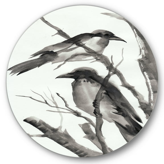 Designart 'Vintage Black and White Sleeping Crows' Traditional Circle Metal Wall Art 36x36 - Disc of 36