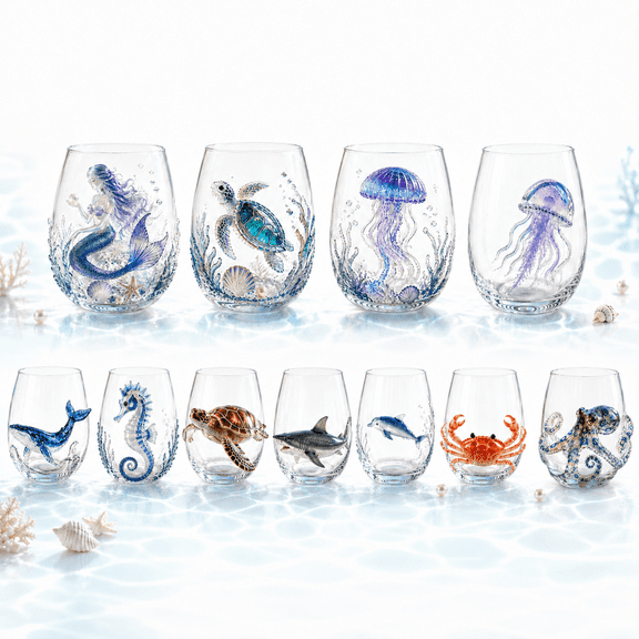 Artisanal Blue Ringed Octopus Glassware, Octopus Glass Cup with 3D Ocean Animal Design, Stemless Wine Glass for Drinks, Unique Glassware Collection for Kitchen Home Bar Coastal Decor