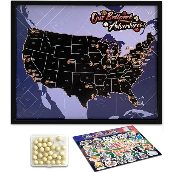 flinelife Traqueur de Carte de Stade de Baseball, 12x10, Liste de Contrôle des Grandes Villes et Équipes de Baseball - Parfait pour les Amateurs de Baseball, les Couples et les Familles