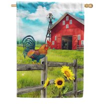 America Forever Red Barn Rooster Summer Sunflower House Flag 28 x 40 inches Agriculture Farm Chicken Pasture Double Sided Country Life Seasonal Yard Outdoor Decorative Rustic Cock House Flag