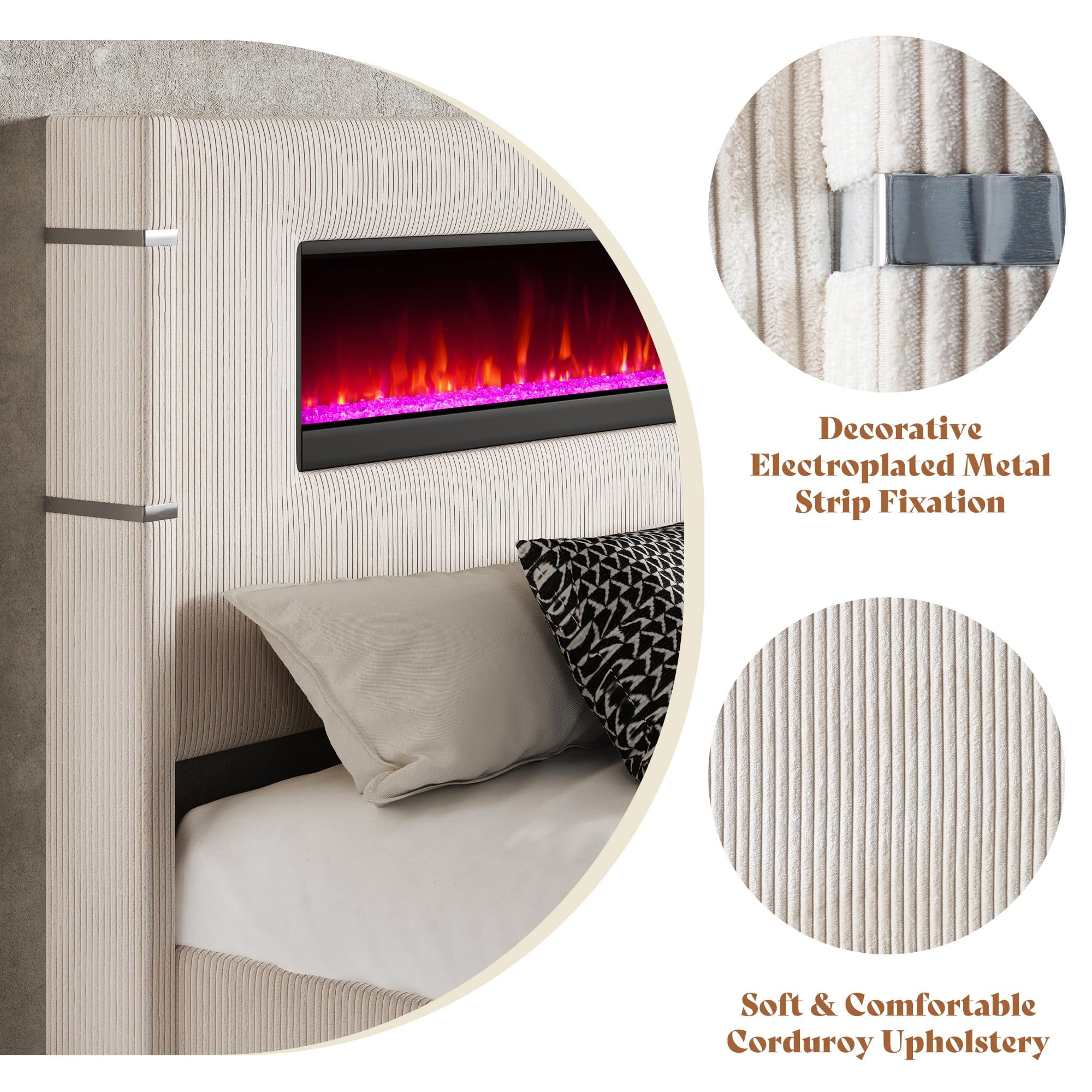 Merluxy Modern California King Size Bed Frame with Fireplace and Tall Headboard, Corduroy Upholstered Wingback Platform, Beige