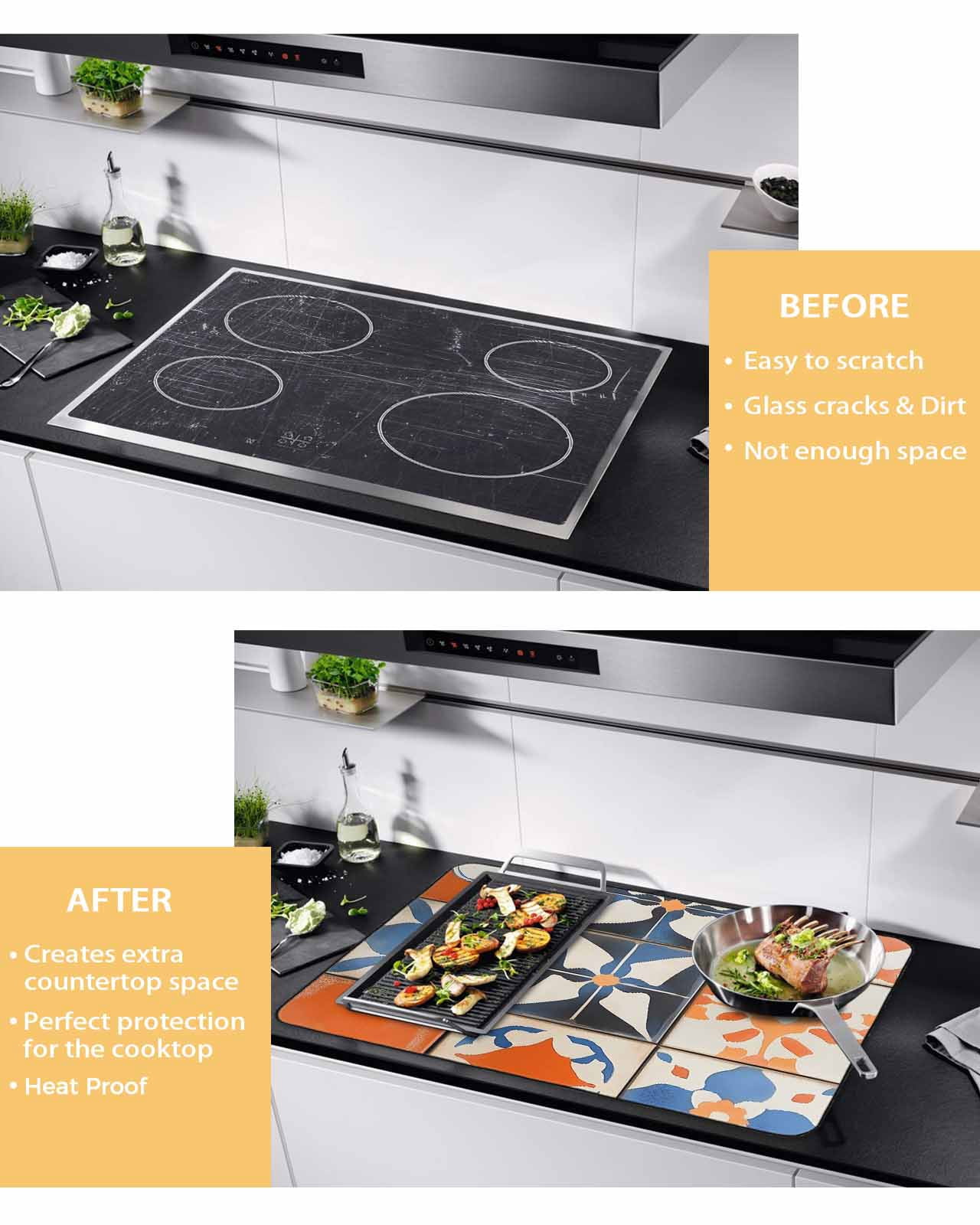 nqOlkjepod Large Induction Cooktop Protector Mat 36"x21", Orange Blue Stove Top Covers for Electric Stove, Boho Petals Flower Geometric Abstract Stove Burner Cover Mats, Glass Top Stove Cover