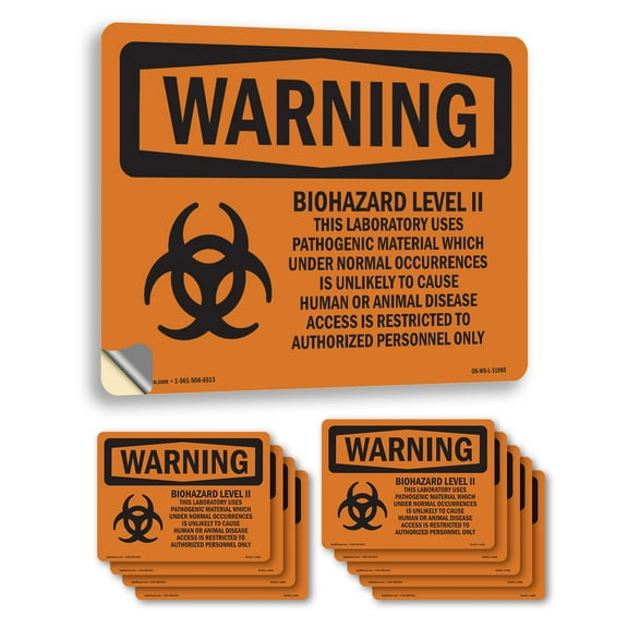 Biohazard Level II This Laboratory With Symbol OSHA WARNING Vinyl Decal Label 7 Inch x 5 Inch - 10 Pack