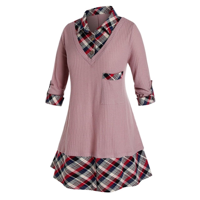 Tamaño más 2 en 1 tela escocesa del suéter de cuello de la camisa Rosegal Camisetas sin mangas de talla grande