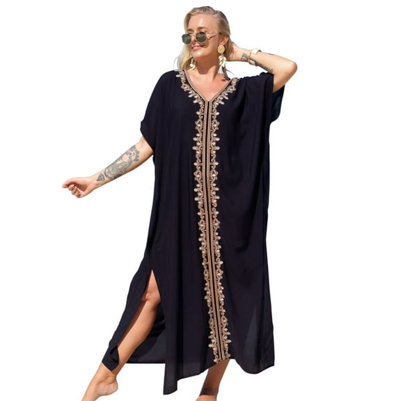 Edolynsa Black Kaftan Dress for Women V-Neck Embroidered Swimsuit Cover Up Beach Party Casual Caftan Dresses