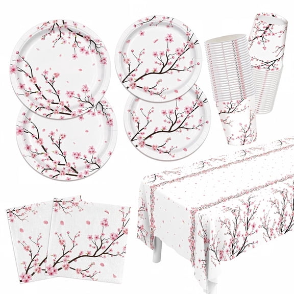 91Pcs Cherry Blossom Party Decorations Serve 10, Japanese Floral Plates and Napkins Tablecloth Tableware Set for Hibachi Spring Wedding Bridal Shower Birthday Party Supplies