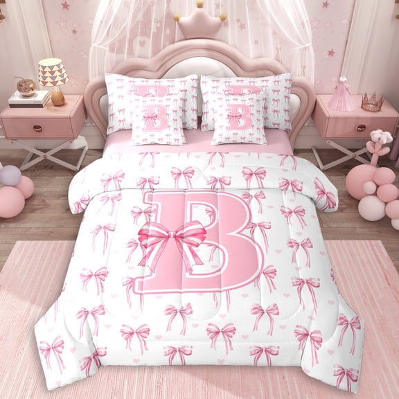 Erosebridal Letter Monogrammed B Twin Bedding Sets 7-Piece For Kids,Girls Cartoon Ribbon Bowknot Bedding Comforter Set,Pink Reversible