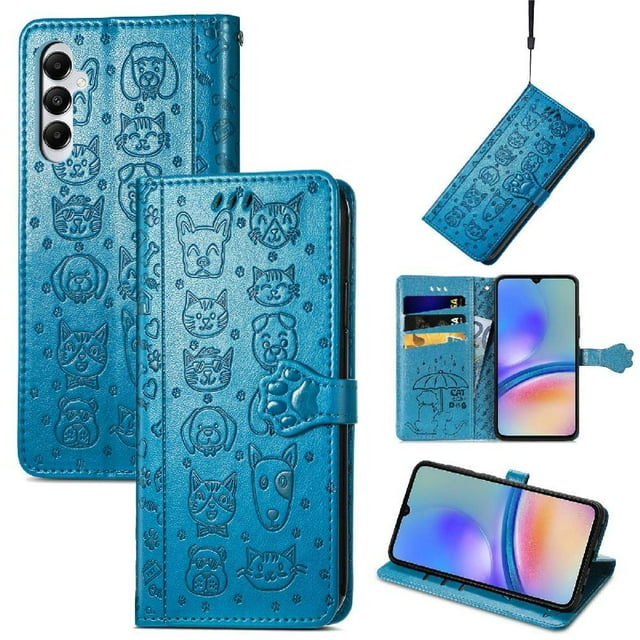 Funda Cartera FOXDOCK para Samsung Galaxy A05S , Flip PU con Relieve de Gatos y Perros, Tarjetero y Soporte
