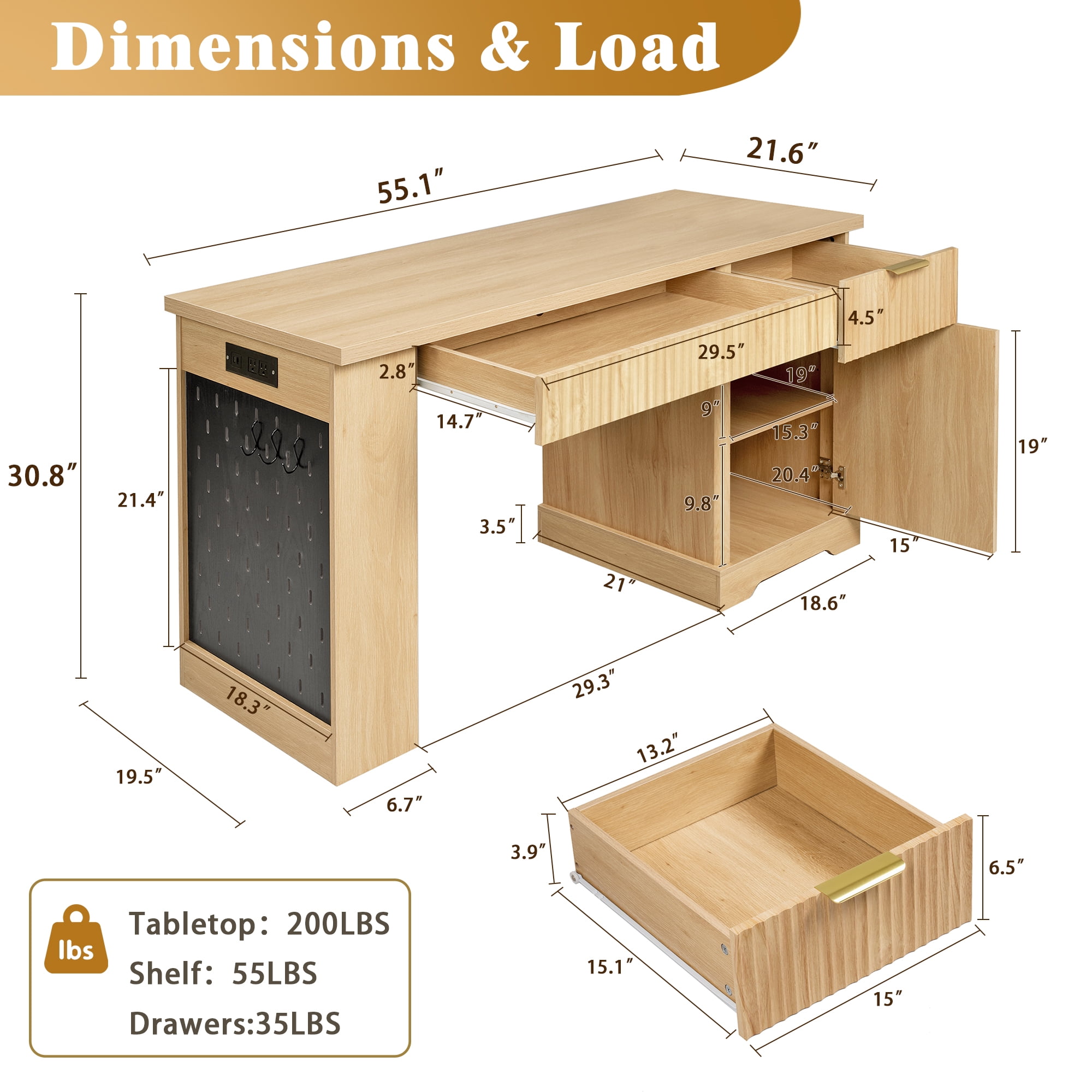 Mintazer 55" Modern Fluted Office Desk with Charging Station & Storage Cabinet, Computer Writing Desk with Keyboard Tray & Pegboard and Shelves for Study Living Room Home Office, Natural