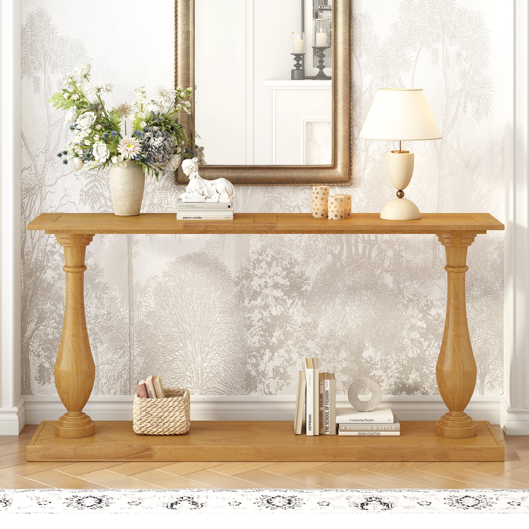 Euroco Retro Console Table,63" Extra Long Entryway Table with Open Storage Shelf and Vase-Leg Design, 2-Tier Narrow Sofa Table Behind the Couch for Living Room Entryway Bedroom,Natural