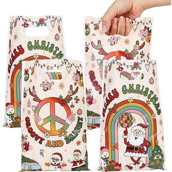 Serencatcher 50PCS Christmas Plastic Gift Bags - Groovy Hippie Santa Party Favors With Handles for Merry Xmas Winter Holiday Candy Treat Snack Decorations