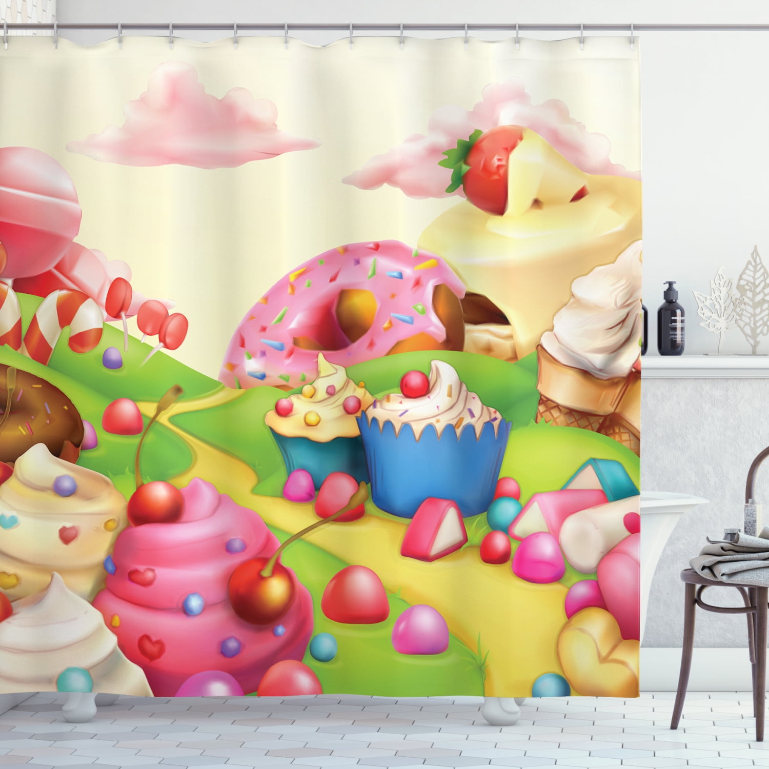 Fantasy Candyland Sweet Candy Lollipop Fabric Shower Curtain Set Bathroom Decor