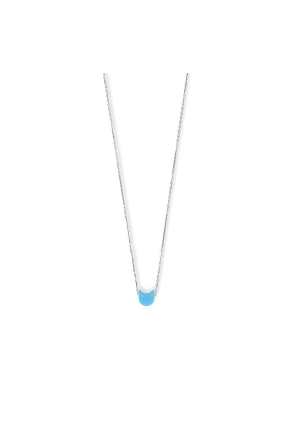 Women's .925 Sterling Silver 16" + 2" Synthetic Opal Kitty Face Necklace