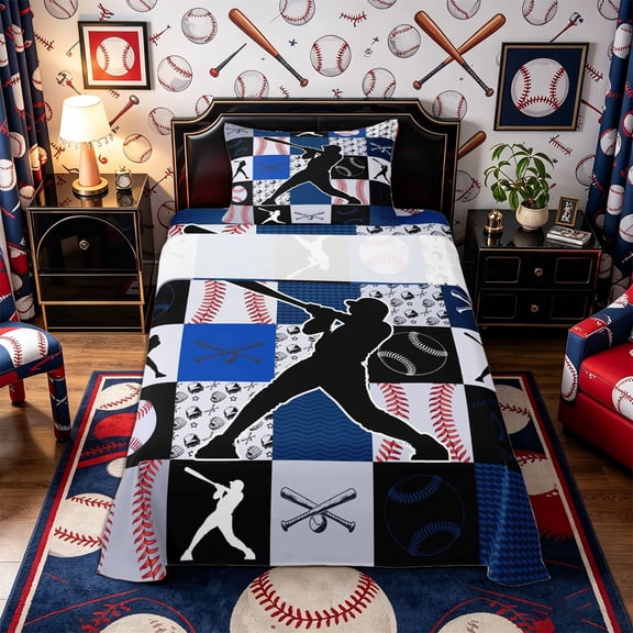 Castle Fairy Sport Baseball Collage Twin Sheets 3pcs, Geometric Plaid Bedding, Navy Red Black,1 Fitted Sheet, 1 Flat Sheet and 1 Pillowcase