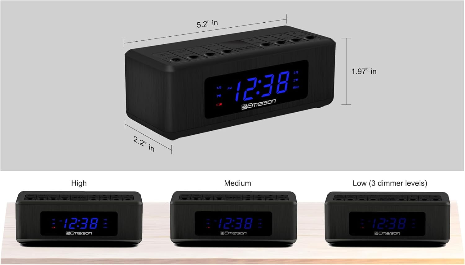 Emerson AM/FM Dual Alarm Clock Radio with 0.6" Blue LED Display, 4-Level dimmer, and Wake to Radio/Buzzer Alarm, Black - CK2023