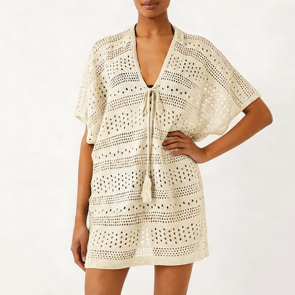 AGWOLF Crochet Beach Cover Up for Women V Neck Swim Cover Ups Knit Hollow Out Bathing Suit Coverups Resort Vacation Clothes Beige S