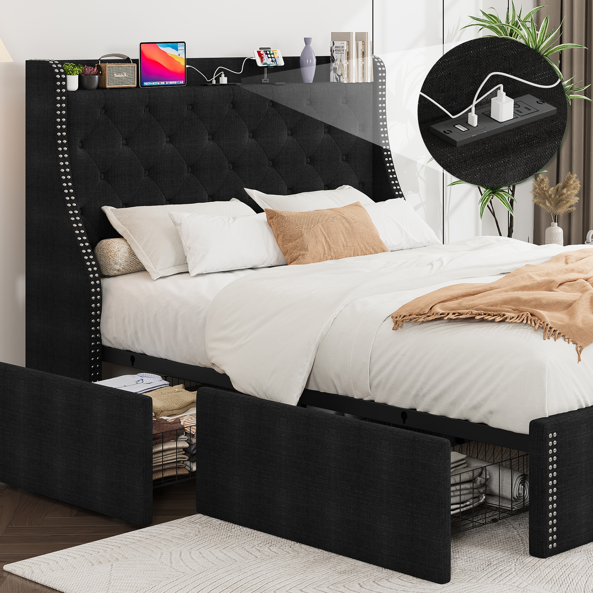 JoanKaren Full Bed Frame,Luxury Upholstered Platform Beds with Charging Station,4 Storage Drawers&Adjustable Headboard,Easy Assembly,Black