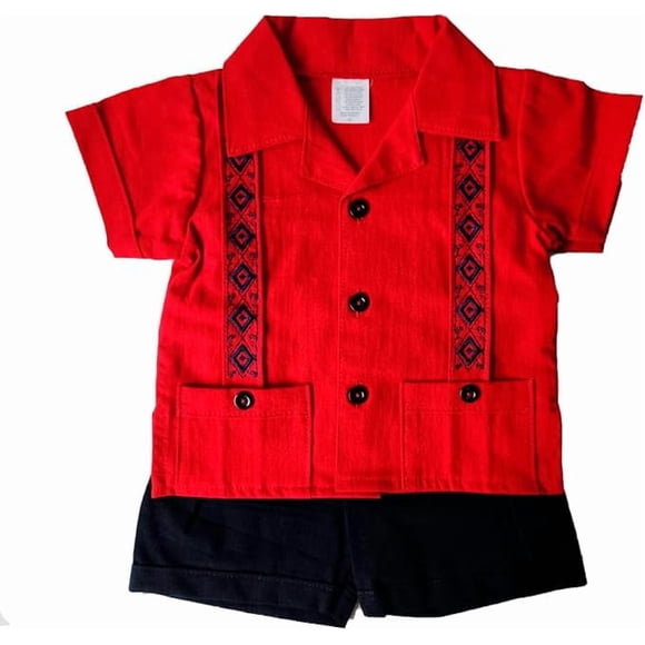 Guayabera para Bebé Pañalero con Short, Conjunto Mexicano de 2 Piezas para Niño, Guayabera Infantil de Manga Corta