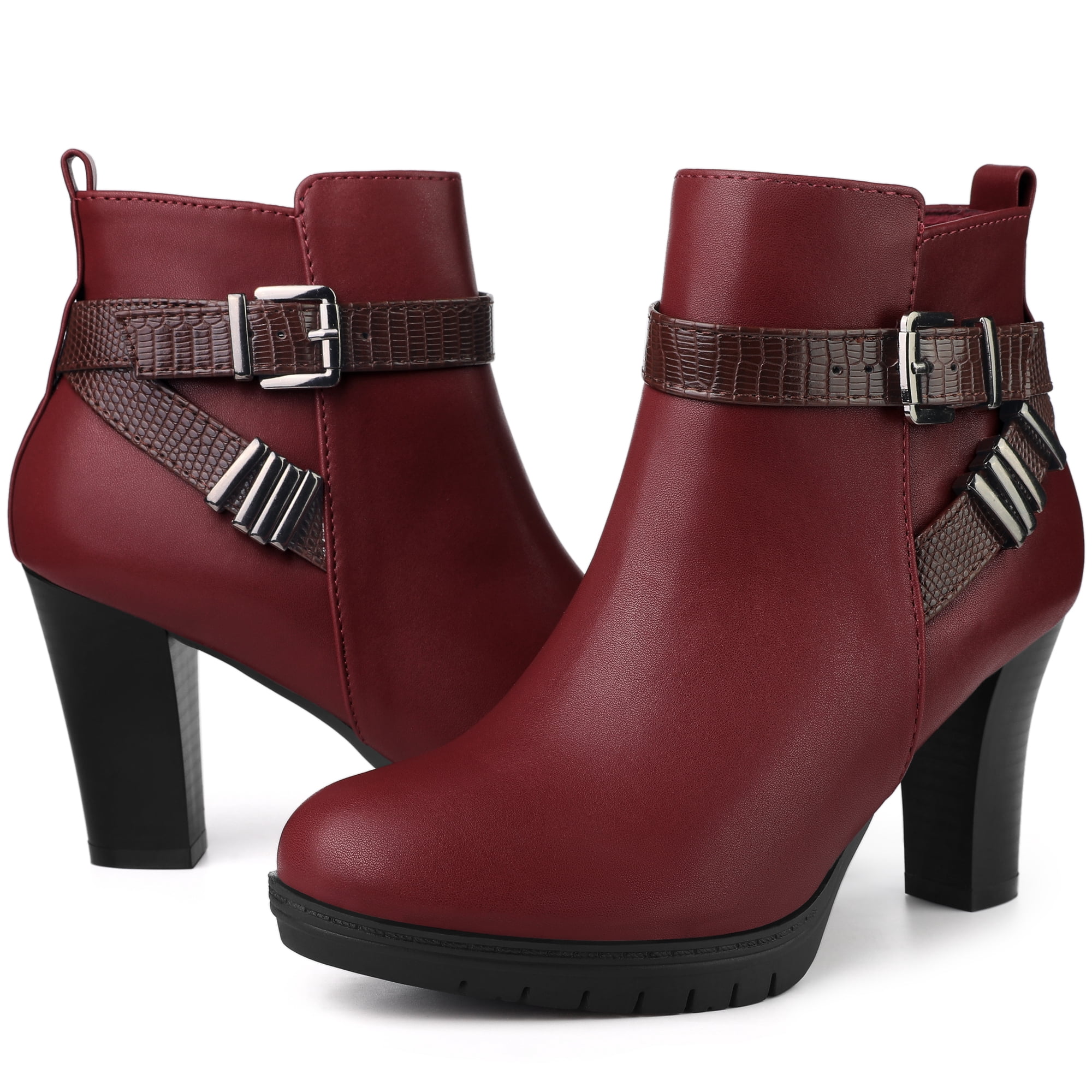 Unique Bargains Platform Block Heel Boots Buckle Ankle Boots for Women Burgundy 6.5
