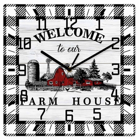 Farmhouse Cabin Wooden Wall Clock Silent Non Ticking, Country Vintage House Wood Grain Pliad Square Wall Clocks Battery Operated, Decor Clock for Home Office, Living Room, Kitchen, 10 Inch