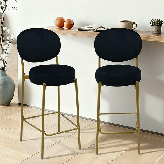 Jopath 2-Pack Modern Velvet Bar Stools with Gold Metal Legs Accent Round Counter Stools for Kitchen Island, Home Bar (Black)
